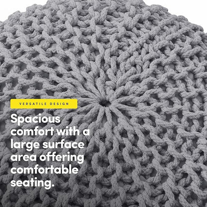 Pouf Ottoman Foot Rest Stuffed – 20” Diameter x 14” Tall Cozy Floor Pouf for Living Room, Bedroom, Nursery & More – 100% Cotton Knit Shell, EPS Bead Filled Footrest & Accent Chair, Gray