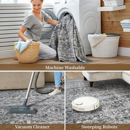 MontVoo-Vintage Area Rug 5X7 Grey Rugs for Living Room-Soft Distressed Printed Rugs for Bedroom-Non Slip Carpet-Machine Washable Rug for Dining Room Living Room Bedside Office