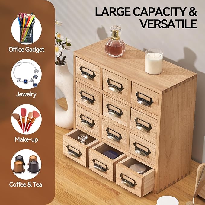 KIRIGEN Wood Drawer Organizer Desktop Storage Cabinet Box Drawers for Home Office Desk Organization and Storage 12 Drawer Mini Chest with Metal Handles Natural(12CG-NA)