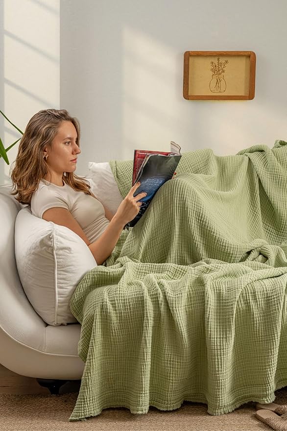 Muslin Blanket - Pure 100% Turkish Cotton Airy Soft Light Versatile Gauze Throw Blanket for Bed, Couch, Sofa (Sage Green, King Size (95" x 110" inch))