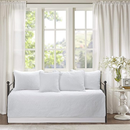 Cozy Line Home Fashions 6 Piece Daybed Cover Set, Solid White Chic Medallion Trendy Damask Quilting All Season Luxury Bedding with Bedskirt, Matching Shams, Decorative Pillow