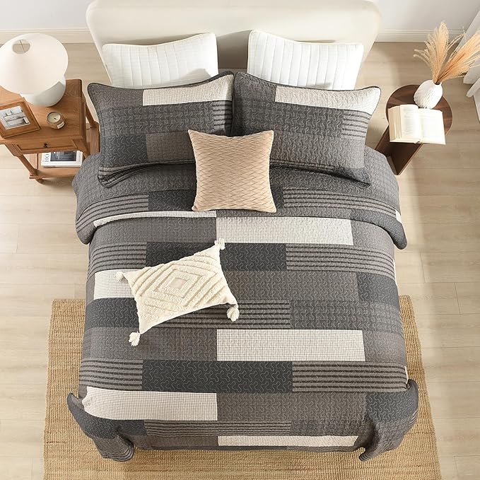 100% Cotton Quilt Set King Size - Plaid Quilted Comforter, Patchwork Striped King Quilt Bedspread, Modern Farmhouse Lightweight Bedding for King Bed, 3pcs, Charcoal/Gray/Taupe/Beige