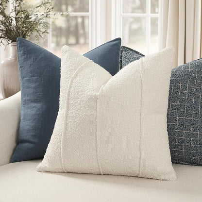 YCOLL Textured Boucle Throw Pillow Covers 20x20 Pack of 2 - Soft Neutral Striped Cushion Covers, Cozy Accent Decorative Pillow Covers for Couch, Sofa, Bed, Living Room (Ivory)