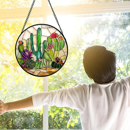 DASTOLL Stained Glass Window Hanging, White Green Cactus Suncatcher Diamond Glass Panel Hangings Sun Catchers Decor for Birthday for Women, Men, Wife, Aunt, and Mom 11.8x11.8 in