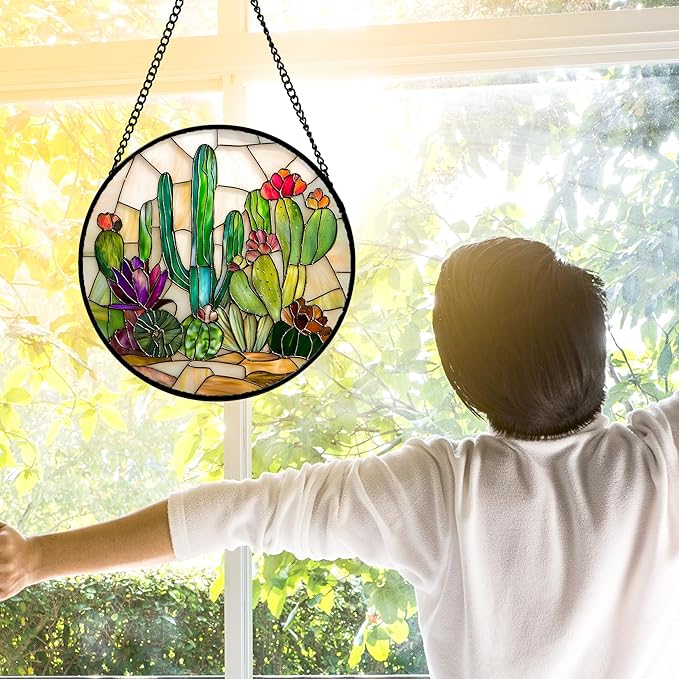 DASTOLL Stained Glass Window Hanging, White Green Cactus Suncatcher Diamond Glass Panel Hangings Sun Catchers Decor for Birthday for Women, Men, Wife, Aunt, and Mom 6.3 in
