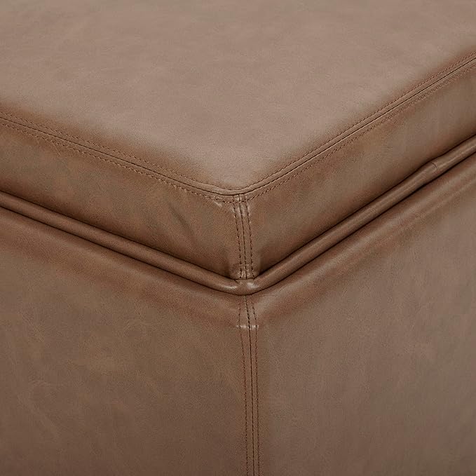 CHITA Storage Ottoman Cube with Tray Lid, Small Footstool with Storage, Square End Table for Living Room and Bedroom, Faux Leather in Saddle Brown