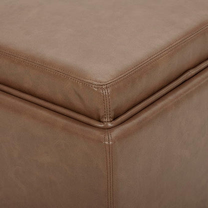 CHITA Storage Ottoman Cube with Tray Lid, Small Footstool with Storage, Square End Table for Living Room and Bedroom, Faux Leather in Saddle Brown