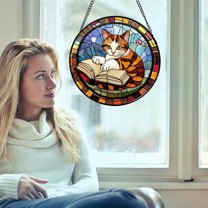 Stained Glass Window Hanging Little Cat Reading 9.8" - Suncatcher Door Garden Kitchen Sunroom Sun Catcher Home Decor Birthday for Lost Pets Mom Grandma Men Woman Friend