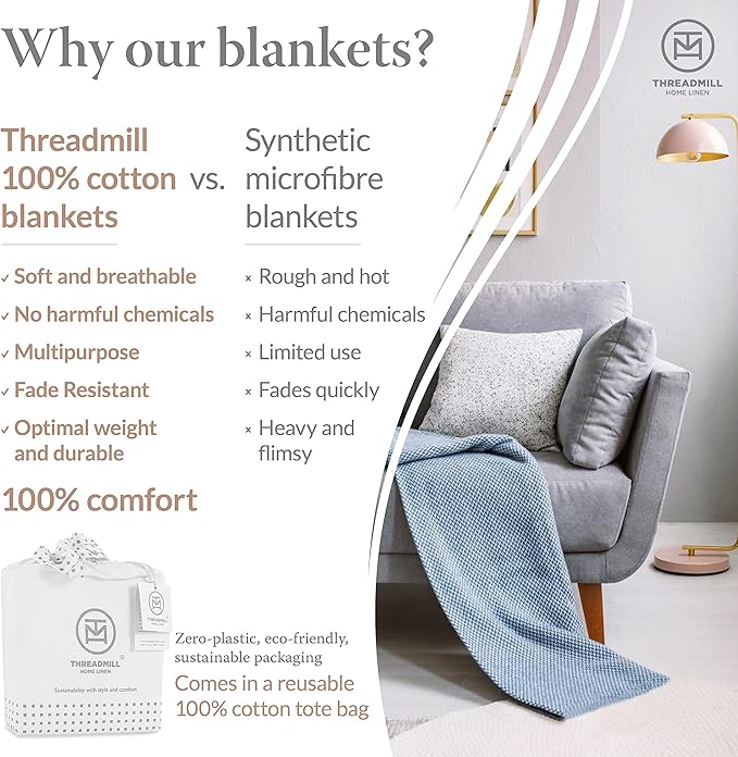 Threadmill Luxury Cotton Blanket for Queen Size Bed | All-Seasons Breathable Oeko TEX 100% Cotton Queen Blanket | Cozy, Soft Fall Thermals fits Full Size Bed, 90x92 inches | White