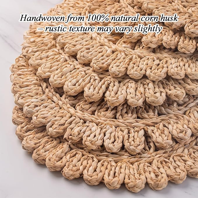 13.8" Round Corn Husk Placemats Set of 4 | Boho Rattan Woven Table Mats | Farmhouse Spring Plate Chargers Like Water Hyacinth, Seagrass for Wedding, Party, Christmas, Events