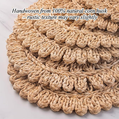 15" Set of 4 Round Corn Husk Placemats | Boho Woven Rattan Table Mats | Farmhouse Wicker Spring Plate Chargers Like Water Hyacinth, Seagrass for Wedding, Party, Christmas, Events