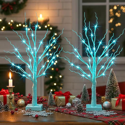 PEIDUO Blue-Green Trees Decor for Home, 2PK Tree Light Battery Powered Timer, Lighted Christmas Decorations Indoor, for Home Bedroom Living Room Fireplace Wedding Party New Year's Day and Christmas