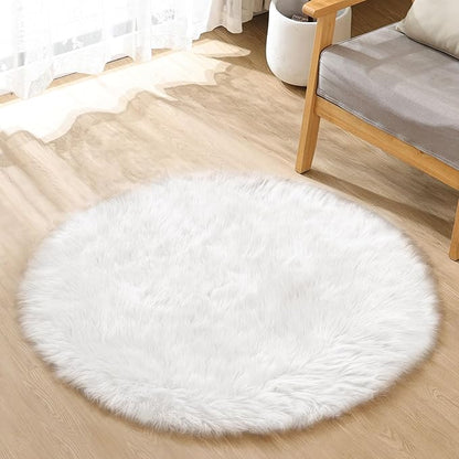 White Fluffy Faux Fur Rugs for Bedroom Sheepskin Machine Washable Shag Area Rugs for Living Room Small Circle Boho Round Rug 3ft