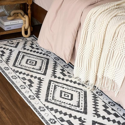 Moroccan Washable Runner Rug 2x8, Geometric Woven Area Rug, Farmhouse Boho Hallway Rug Runner, Non-Slip Soft Lightweight Throw Mat for Bedroom Living Room Laundry Kitchen, Black and White