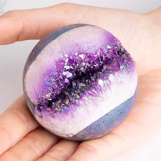 Sportmusies Titanium Coated Rock Crystal Geode Ball with Wooden Stand, Druzy Quartz Stone Cluster Sphere Reiki Home Office Decoration, Purple