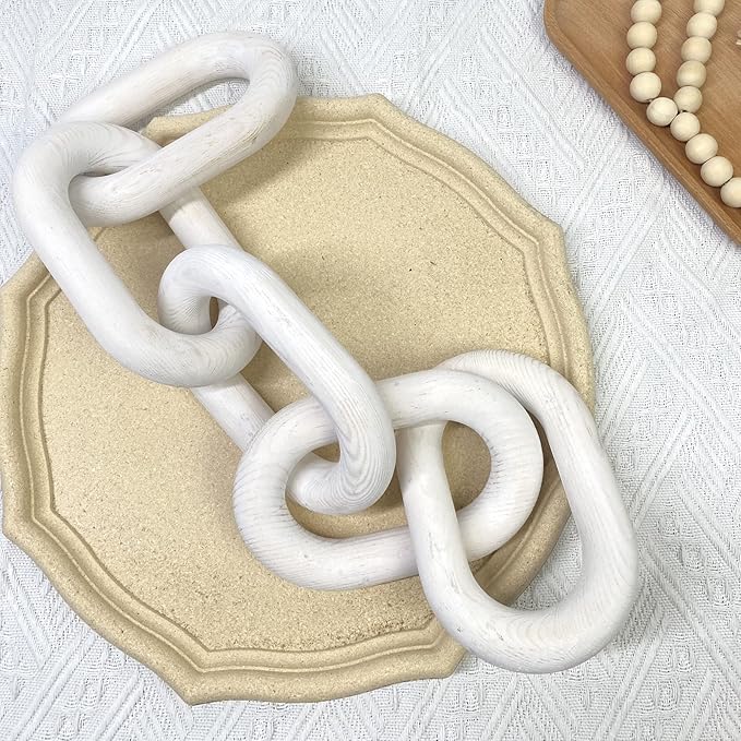Wood Chain Link Decor | Hand Boho Carved Decor for Table , Shelf Decor Accents Rustic Farmhouse Aesthetic 5 Link Chain knot Decor Home Living Room, Bedroom, Entryway Coffee Table Decor (White)