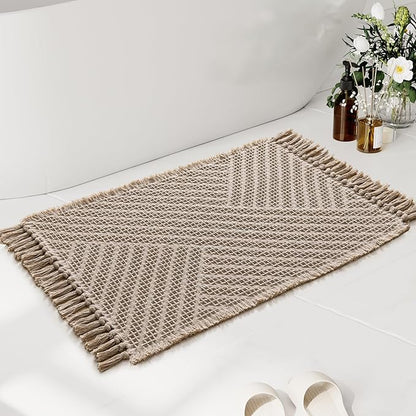 H.VERSAILTEX Waffle Bath Mat Super Absorbent Boho Bath Mat Non Slip Bath Rugs for Bathroom Floor Machine Washable Dry Fast Bathroom Rugs with Handmade Tassels, 20" x 32", Irish Cream