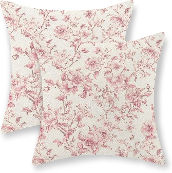 Pink Pillow Covers 20x20 Set of 2 Pink and Cream Floral Chinoiserie Throw Pillows Vintage Rustic Toile Flower Decorative Pillowcase Outdoor Chinoiserie Decor Linen Cushion Case for Couch Sofa