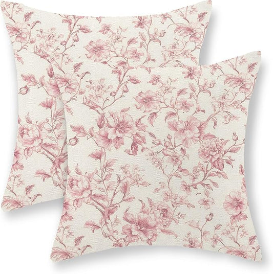 Pink Pillow Covers 20x20 Set of 2 Pink and Cream Floral Chinoiserie Throw Pillows Vintage Rustic Toile Flower Decorative Pillowcase Outdoor Chinoiserie Decor Linen Cushion Case for Couch Sofa