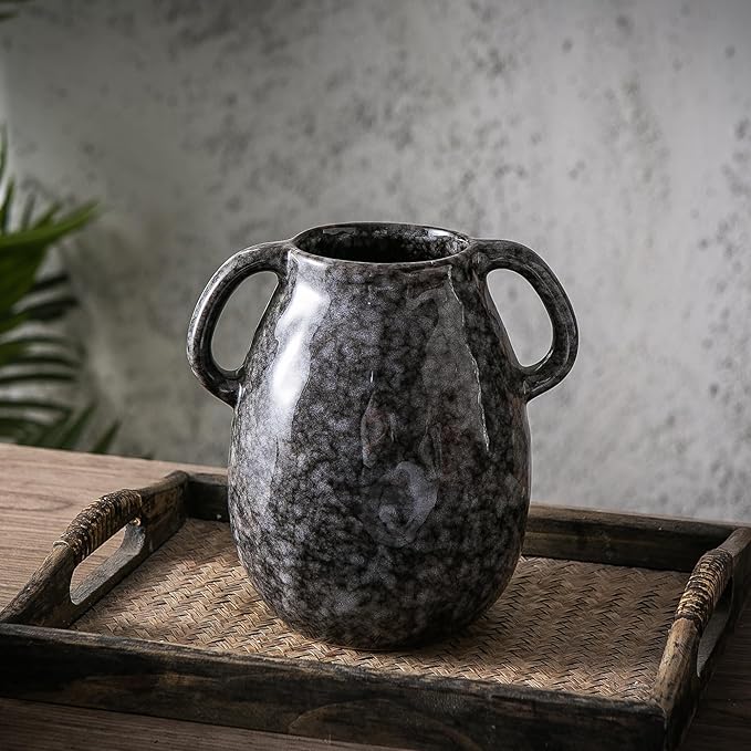 Ceramic Modern Farmhouse Vase with 2 Handles, Black Ceramic Vases for Home Decor, Rustic Pottery Vase, Decorative Terracotta Flower Vases, Clay Jug for Table Living Room Shelf Mantel Decor