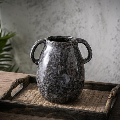 Ceramic Modern Farmhouse Vase with 2 Handles, Black Ceramic Vases for Home Decor, Rustic Pottery Vase, Decorative Terracotta Flower Vases, Clay Jug for Table Living Room Shelf Mantel Decor