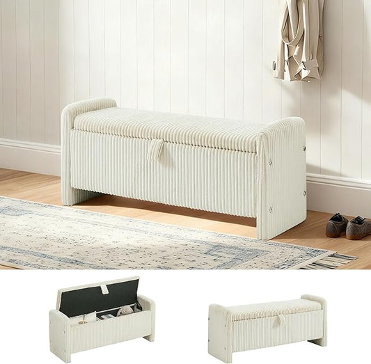 44" Storage Ottoman Bench, Upholstered End of Bed Storage Benches, Rectangle Ottoman with Storage for Bedroom, Entryway, Corduroy Beige