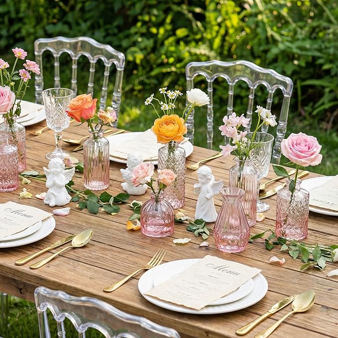 Pink Ombré Glass Bud Vase Set of 12, Vintage Embossed Mini Flower Vases for Centerpieces, Wedding, Bridal Shower, Baby Shower, Birthday Party, Decorative Small Glass Bottles for Home Decor