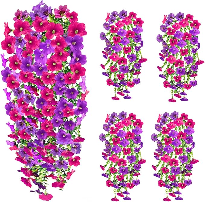 Artificial Fake Hanging Flowers Plants for Outdoor Fall Decoration, 4PCS UV Resistant Look Real Trailing Vines for Outside Home Planter Porch Patio Mums Autumn Decor (Purple&Pink Rose)
