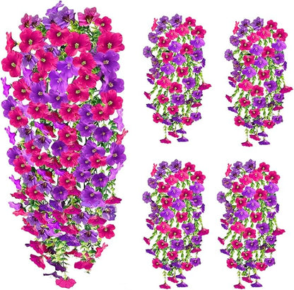 Artificial Fake Hanging Flowers Plants for Outdoor Fall Decoration, 4PCS UV Resistant Look Real Trailing Vines for Outside Home Planter Porch Patio Mums Autumn Decor (Purple&Pink Rose)