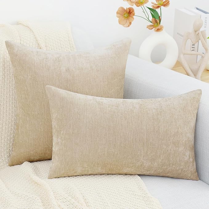 decorUhome Chenille Beige Spring Throw Pillow Covers 12x20 Inch Set of 2, Decorative Soft Couch Pillow Covers Solid Dyed Accent Farmhouse Neutral Rectangle Pillow Cases for Sofa