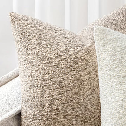 Woaboy Pack of 2 22x22 Inch Decorative Boucle Throw Pillow Covers Textured Square Pillowcaes Accent Euro Solid Cozy Soft Cushion Covers Home Decor for Sofa Couch Living Room Home Decor,Neutral