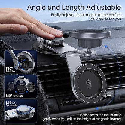 SYNCWIRE Fits MagSafe Car Mount for Universal Dashboard,Tesla Screen, Magnetic Phone Holder for Car, Foldable Aluminum Alloy Arm,Super Stable Car Mount for iPhone 17 Pro Max 16 15 14 13 12&All Phones