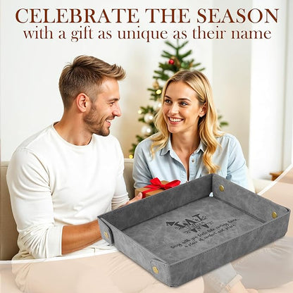 Engraved Christmas Gray Leather Valet Tray – Personalized Rectangle Catchall Organizer for Wallet, Keys, and Jewelry – Gift for Men, Dad, Couples – Dresser Top or Coffee Table Tray Decor