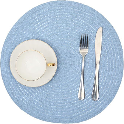 SHACOS Round Braided Placemats Set of 4 Washable 15 inch Round Non Slip Table Place Mats for Dining Tables (Light Blue, 4)