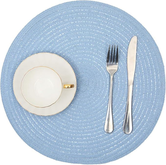 SHACOS Round Braided Placemats Set of 4 Washable 15 inch Round Non Slip Table Place Mats for Dining Tables (Light Blue, 4)