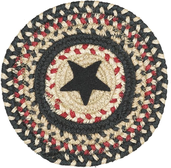 Homespice Primitive Star Gloucester Jute Braided Trivets for Table - Set of 3, Round 8", Black & Red - Rich Colors, Easy to Clean, Durable and Protects Furniture