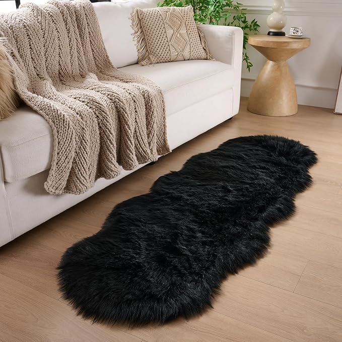 Faux Fur Rug Runner 2x6 ft Black - Machine Washable Super Soft Plush Shaggy Fluffy Area Carpet,Sheepskin Rug Fuzzy Floor Mat for Bedroom, Sofa,Living Room, Bedside, Nursery & Kids Room
