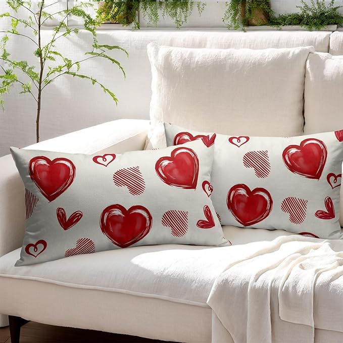 Valentines Day Pillow Covers 12x20 Set of 2 Beige Red Heart Throw Pillow Covers Love Pillowcase Linen Decoration Farmhouse Holiday Cozy Soft Cushion Case Couch for Indoor Outdoor Home Decor
