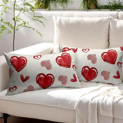 Valentines Day Pillow Covers 12x20 Set of 2 Beige Red Heart Throw Pillow Covers Love Pillowcase Linen Decoration Farmhouse Holiday Cozy Soft Cushion Case Couch for Indoor Outdoor Home Decor