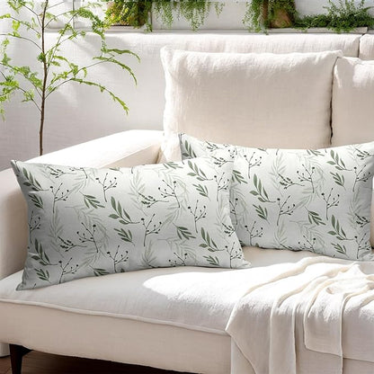 Sage Green Spring Pillow Covers 12x20 Set of 2 Leaves Throw Pillow Covers Neutral Pillowcase Linen Decoration Farmhouse Soft Decorative Plants Vintage Cushion Case Couch for Indoor Outdoor Home Decor