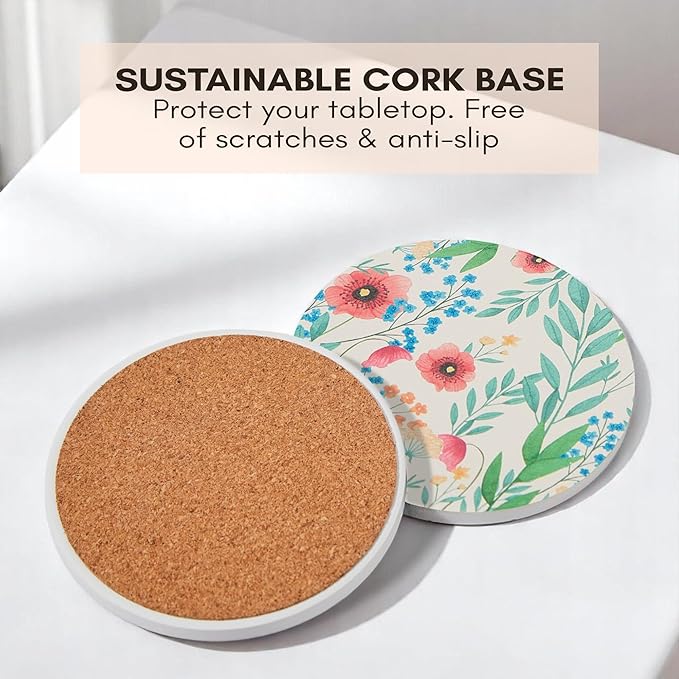 Floral Drink Absorbent Coasters with Holder Set of 6, Ceramic Coaster for Drinks, Coffee Table Decor, Water Absorbing Stone Coaster for Drinks (Blossom)