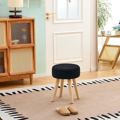 Wimarsbon Pouf Ottoman, 100% Cotton Knitted Boho Footstool, Round Footrest with Non-Skid Wood Legs, Home Décor Handmade Pouffe, Leisure Floor Step Stool for Living Room (Long Leg - Black)
