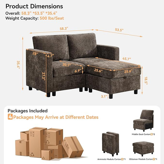 58'' Modular Sectional Loveseat Sofa with Storage, Comfy Office L Shaped Sofa Couch, Chenille Love Seat Modular Sectional Couch with Movable Ottoman for Living Room, Bedroom, Brown