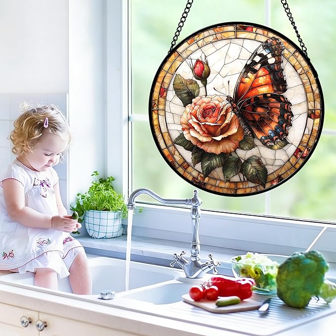 DASTOLL Stained Glass Window Hanging, Butterfly Picking Flowers Suncatcher for Doors Home Sun Catchers Decoration and Christmas, Mother's Day Birthday Gifts for Women, Men, and Mom 11.8x11.8 in