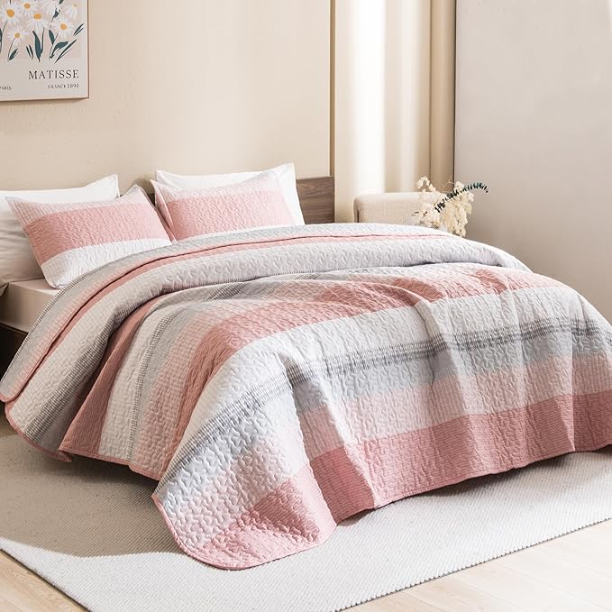 Litanika California King Quilt Set Pink - Cal King Oversized Stripe Comforter Bedspreads & Coverlets - Soft Lightweight Quilted Bedding Set for All Season(1 Quilt, 2 Pillowcases)