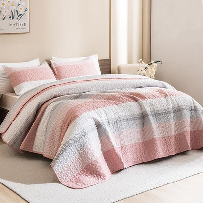 Litanika California King Quilt Set Pink - Cal King Oversized Stripe Comforter Bedspreads & Coverlets - Soft Lightweight Quilted Bedding Set for All Season(1 Quilt, 2 Pillowcases)