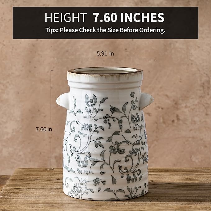 SIDUCAL Ceramic Gray and White Vase with 2-Ear, 8 Inch Ice Cracked Vintage Pastoral Vase, Rustic Farmhouse Vases for Home Decor, Table, Living Room, Shelf Decor, Chinoiserie Decor, Gray Floral Pattern