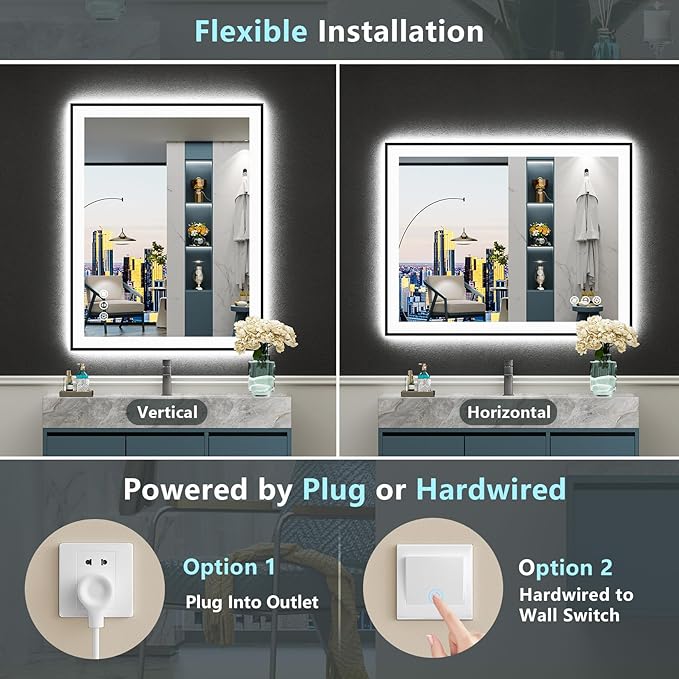 28x36 Inch Black Framed LED Bathroom Mirror with Lights, Backlit & Front Lit, Anti-Fog Lighted Vanity Mirrors for Bathroom Wall, Dimmable, 3-Color Light, Memory, Shatter-Proof, Tempered Glass