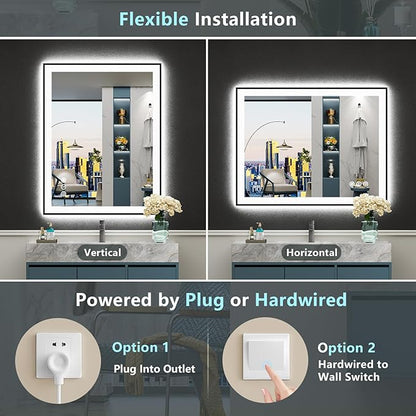 28x36 Inch Black Framed LED Bathroom Mirror with Lights, Backlit & Front Lit, Anti-Fog Lighted Vanity Mirrors for Bathroom Wall, Dimmable, 3-Color Light, Memory, Shatter-Proof, Tempered Glass