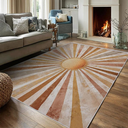 Boho Sun Rug, Large 8x12 Area Rugs Abstract Striped Bohemian Vintage Pattern for Living Room, Bedroom, Boho Sun Home Decor Accessories Indoor Carpet, Non Slip & Machine Washable